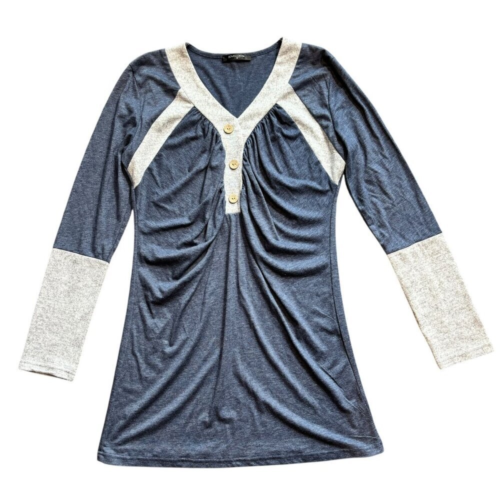 Love U Dear Women's Blue & Gray Long Sleeve V Neck Top